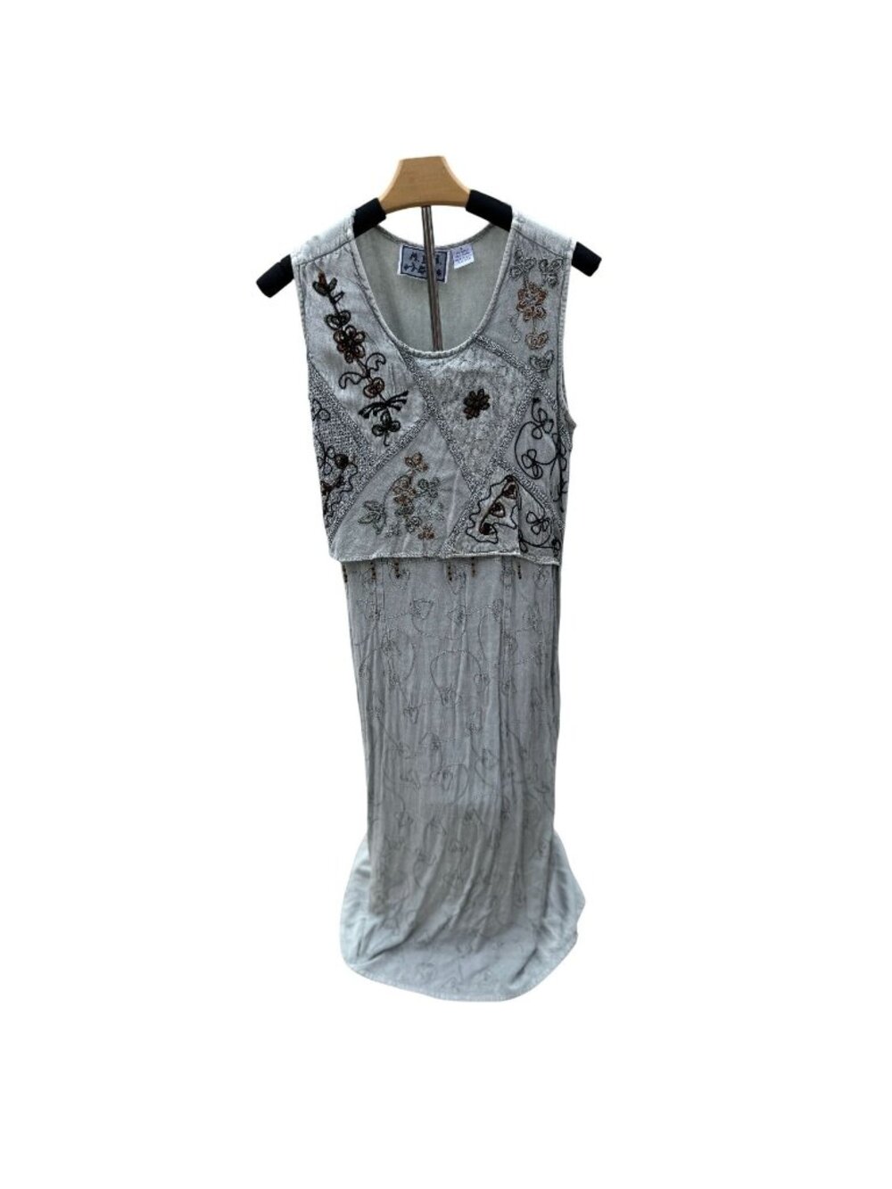 Bohemian Embroidered Maxi Dress With Floral Patchwork Design Sleeveless Tie-Back